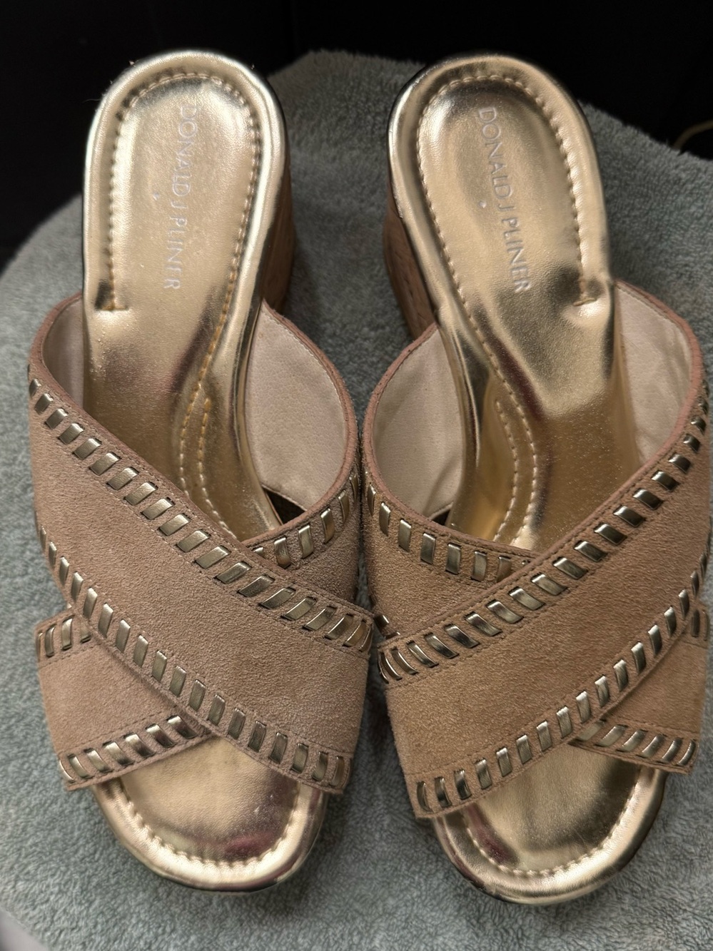 Donald J. Pliner Tan Suede Metallic-Trim Slide Wedges